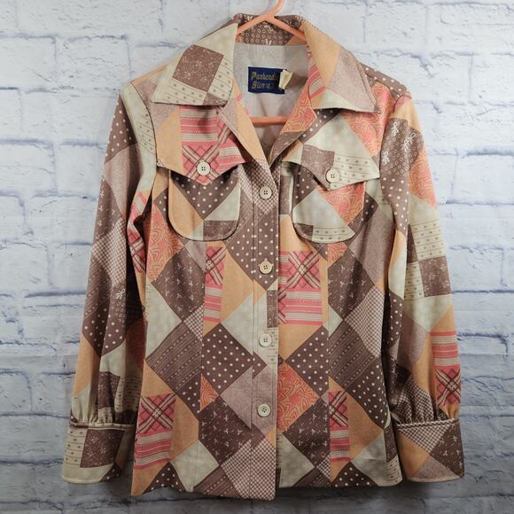 Panhandle Slim Tops - Vintage 70s Panhandle Slim Western Shirt Womens Quilt Patch Look Poly/Silk Sz 12